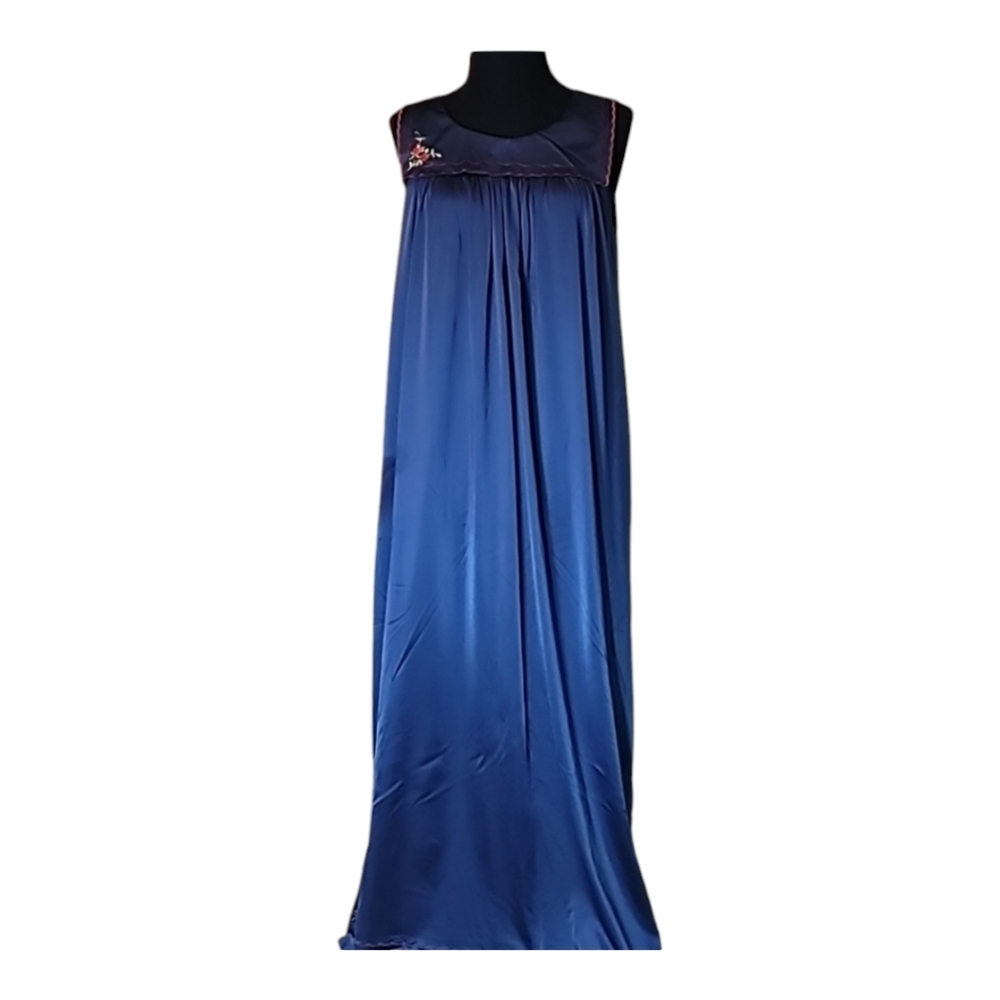 Shadowline vintage 1980s floor length nightgown royal blue sz Small embroidered